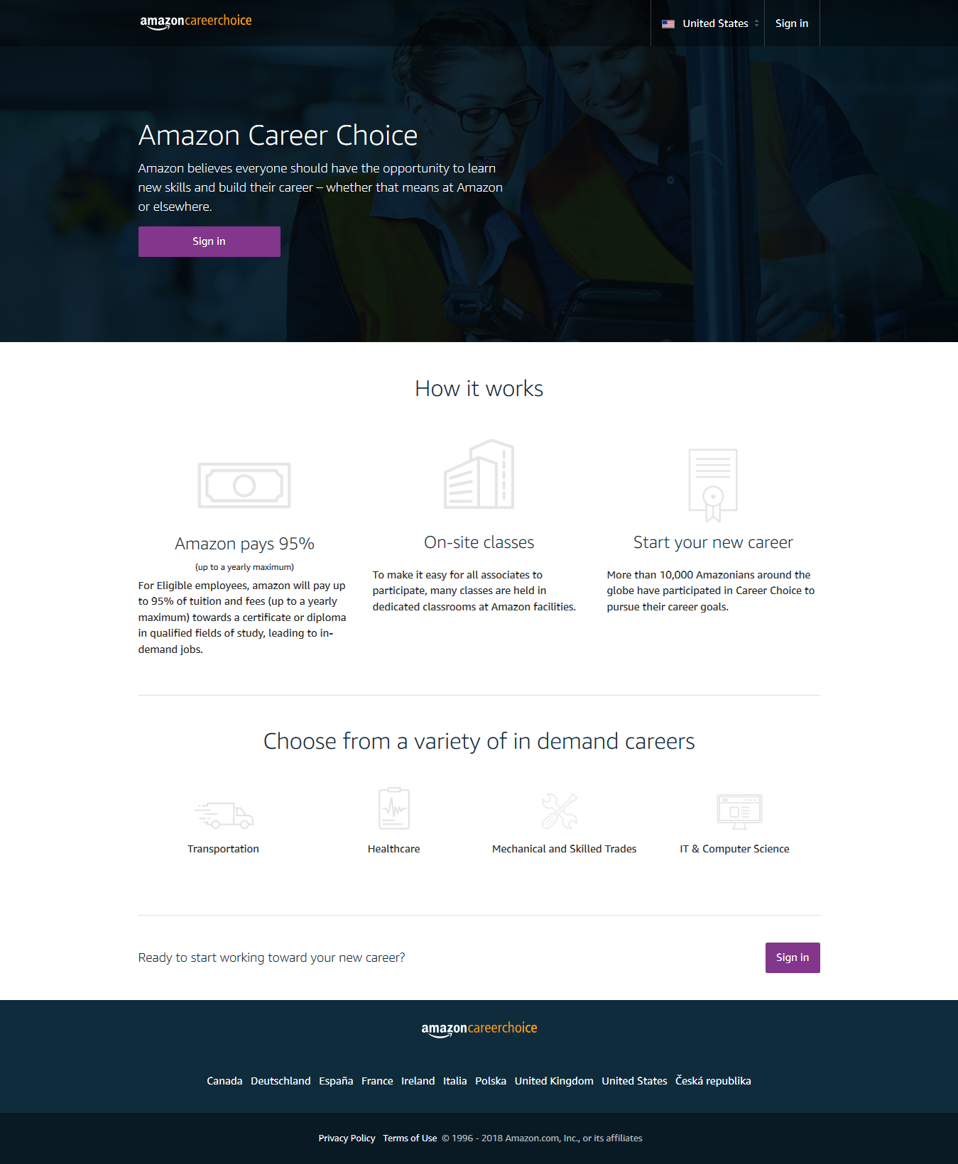 Screenshot of Amazon Career Choice website
