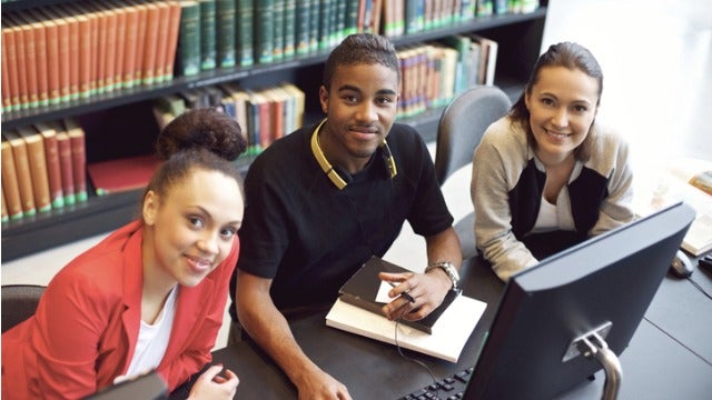 students at library