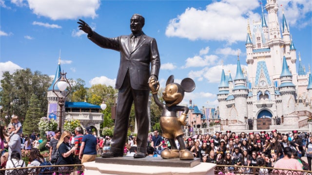 Walt Disney statue and Mickey Mouse statue at Disneyland in Orlando