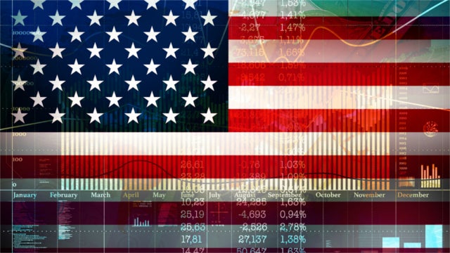 Economic charts and indicators superimposed on an American flag