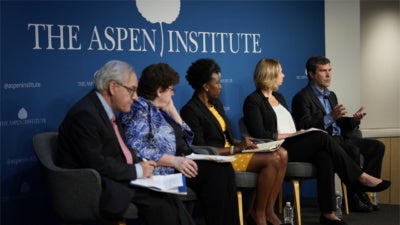 Panelists speak at "How Do We Create More Quality Jobs?" (Left to right: E.J. Dionne, Demetra Nightingale, Caryn York, Amanda Blondeau, Rick Plympton)