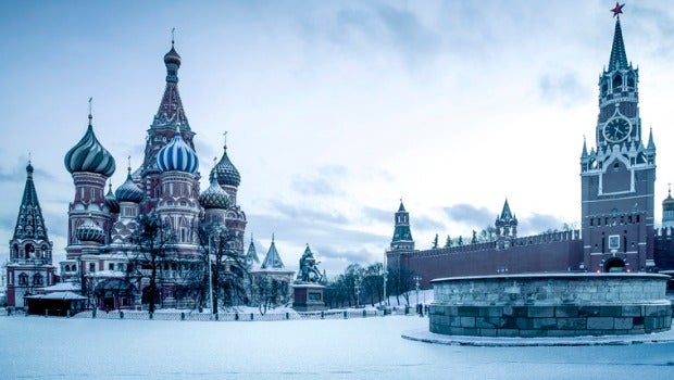 St. Basil's Cathedral on the Red Square in Moscow, covered in snow.