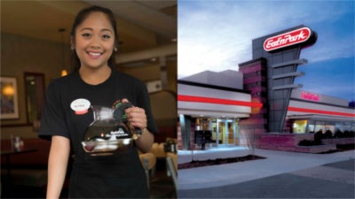 A smiling Eat'n Park team member holding a pot of coffee and an exterior view an Eat'n Park restaurant.