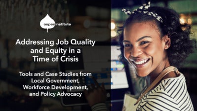 Foreground: "Addressing Job Quality and Equity in a Time of Crisis: Tools and Case Studies from Local Government, Workforce Development, and Policy Advocacy. Wed, Feb 24, 2:00 p.m. ET. #jobquality" Background: photo of a smiling Black woman using a touchscreen cash register.