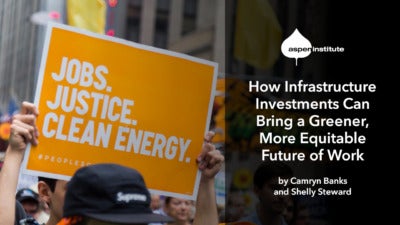 Foreground: "How Infrastructure Investments Can Bring a Greener, More Equitable Future of Work by Camryn Banks and Shelly Steward". Background: Photo of a person carrying a placard supporting "Jobs, Justice, Clean Energy".