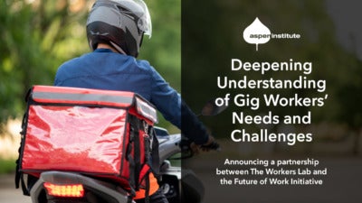 Foreground: "Deepening Understanding of Gig Workers’ Needs and Challenges. Announcing a partnership between The Workers Lab and the Future of Work Initiative." Background: Photo of a delivery driver on a motorbike.