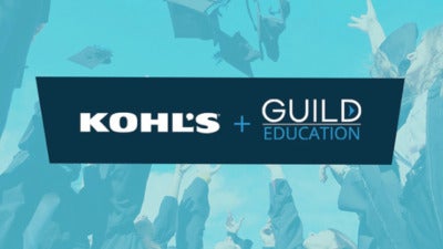 Image featuring the Kohl's and Guild Education logos. Background photo shows graduates throwing their caps in the air.
