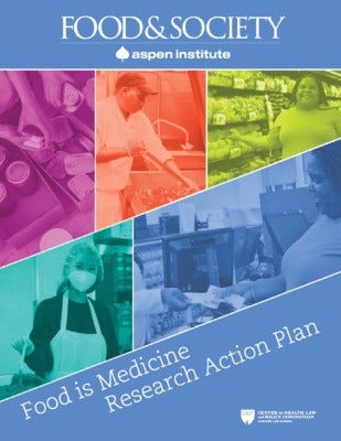 Front cover of the Food is Medicine Research Action Plan showing images of healthy meals, a cook, a woman grocery shopping, a volunteer server, and a shopper paying for good.