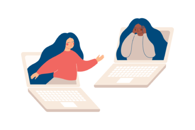 Two laptops face each other. A person pops out of each screen. The person on the right makes a gesture of distress, and the person on the left reaches out a comforting hand.