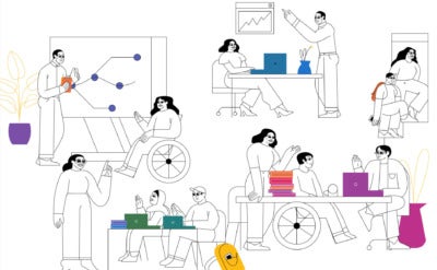 Groups of people interact in various office and classroom settings, collaborating and conducting business and learning.