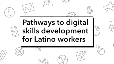 Promotional image for the publication, “Pathways to digital skills development for Latino workers,” by the Aspen Institute. The image includes the publication title surrounded by technology-related symbols and icons.