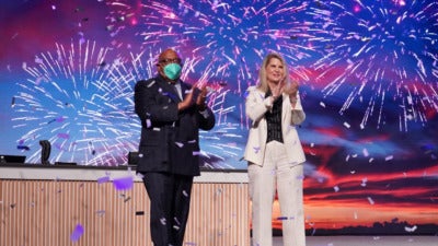 Photo of AFL-CIO President Liz Shuler and Secretary-Treasurer Fred Redmond with fireworks in the background