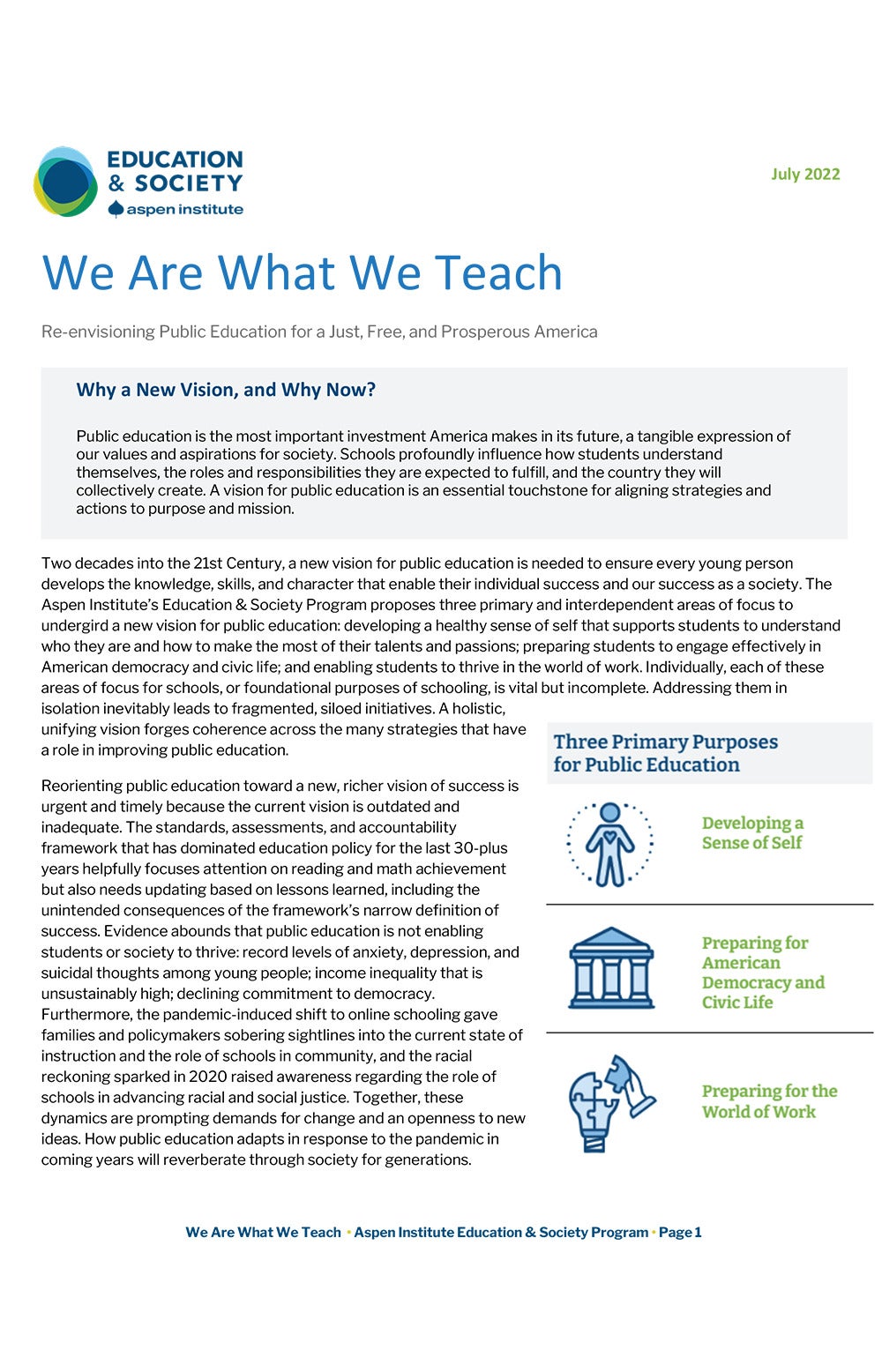 We Are What We Teach:<br>Re-envisioning Public Education for a Just, Free, and Prosperous America