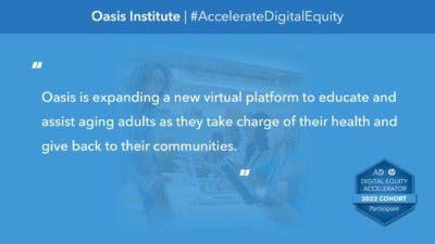 This graphic reads, "Oasis is expanding a new virtual platform to educate and assist aging adults as they take charge of their health and give back to their communities." “Oasis Institute” and "#AccelerateDigitalEquity" comprise the headline. In the background, a photograph depicts a group of older adults sitting along a long table chatting and using computers and tablets. The bottom corner includes a badge icons that reads, "Digital Equity Accelerator 2022 Cohort Participant."
