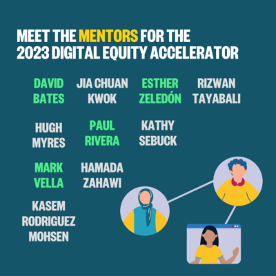 Names of Mentors 2023 Digital Equity Accelerator, white and green on green-gray background