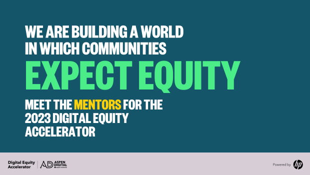 We are Building a World in which communities Expect Equity. White text on gray-green background.