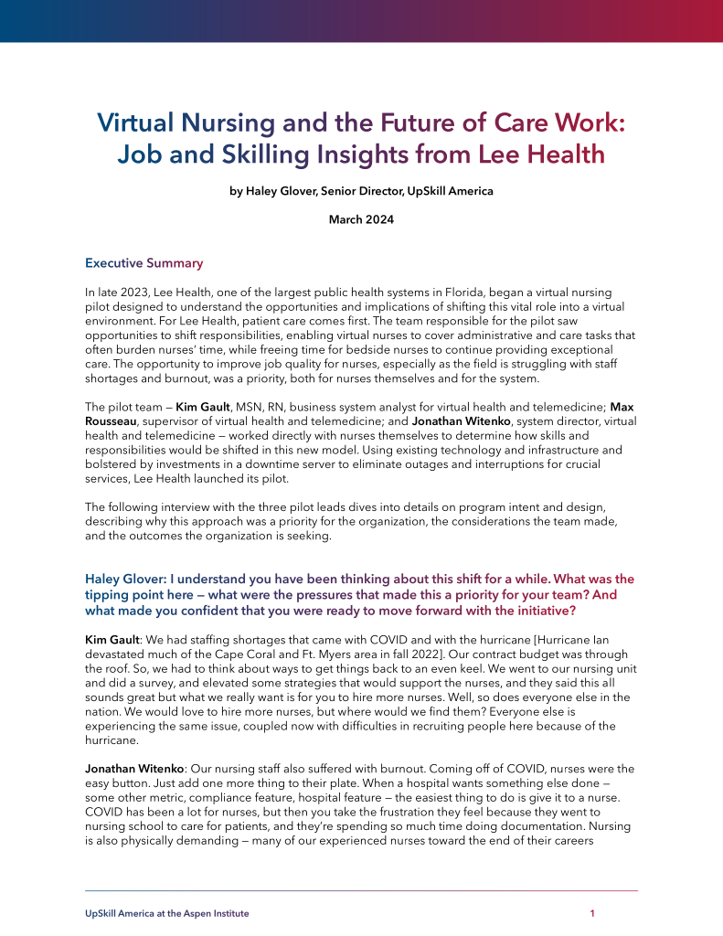 Virtual Nursing and the Future of Care Work: Job and Skilling Insights from Lee Health