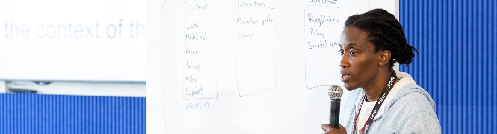 A photo of someone presenting at a meeting.