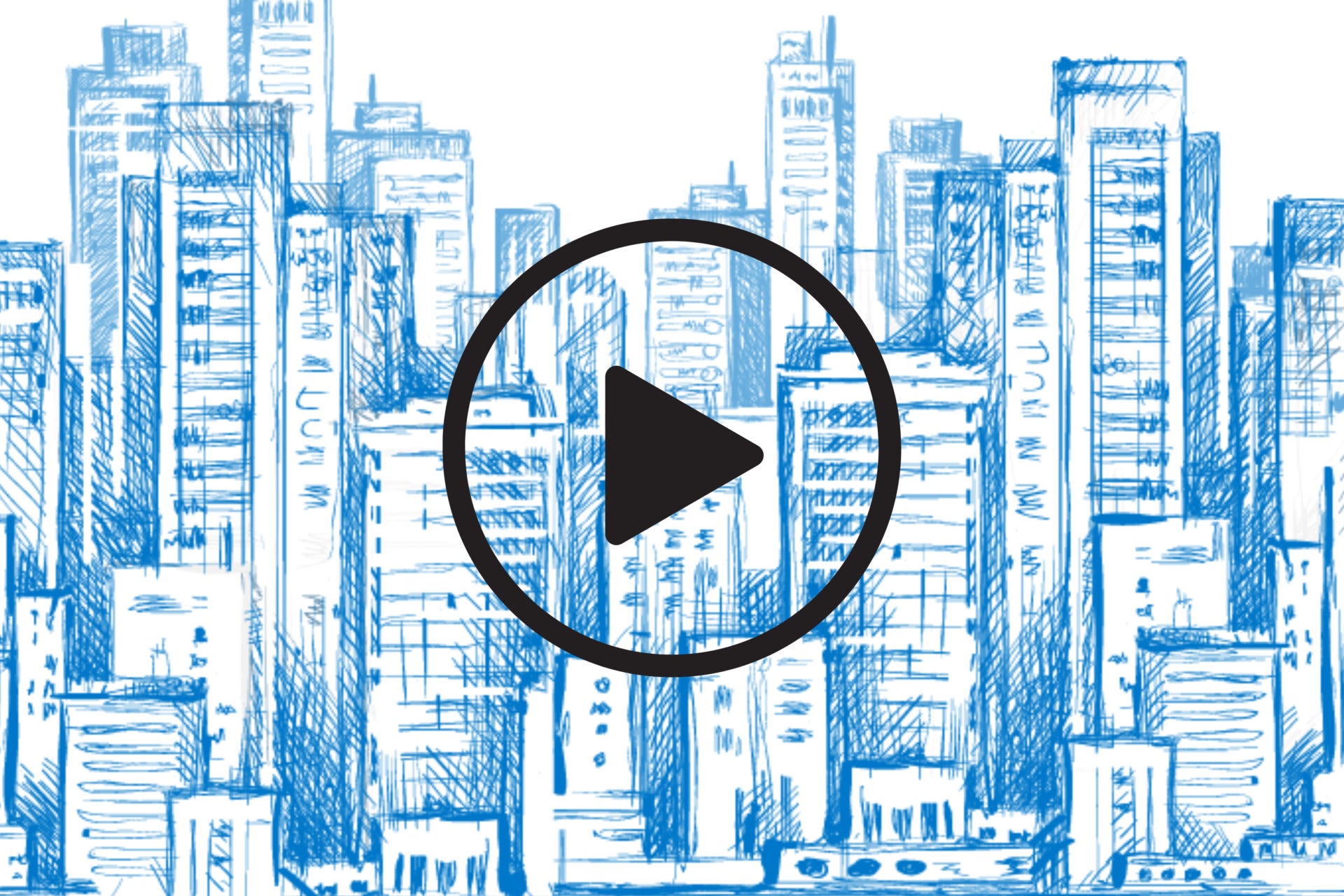 An illustration of the New York City skyline with a play button in the center.