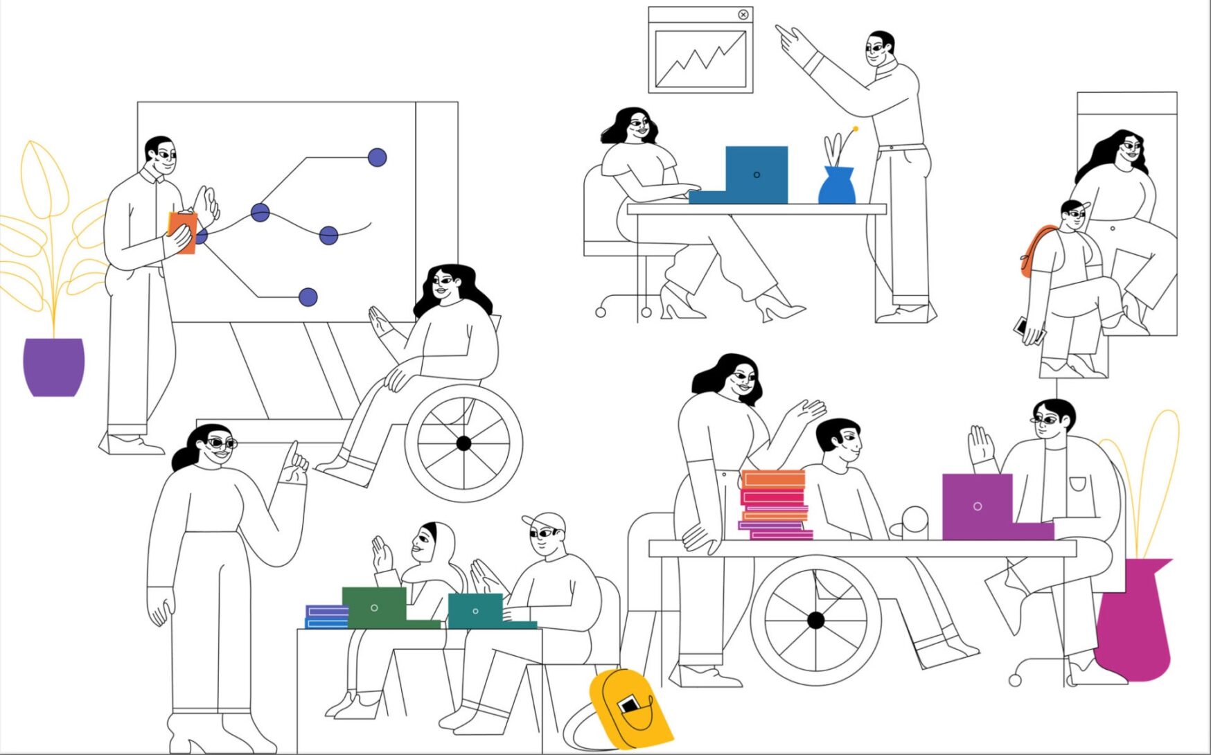 Groups of people interact in various office and classroom settings, collaborating and conducting business and learning.