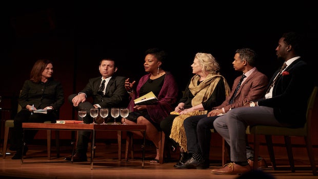 Tayari Jones on stage with other nominees for the Aspen Words Literary Prize.
