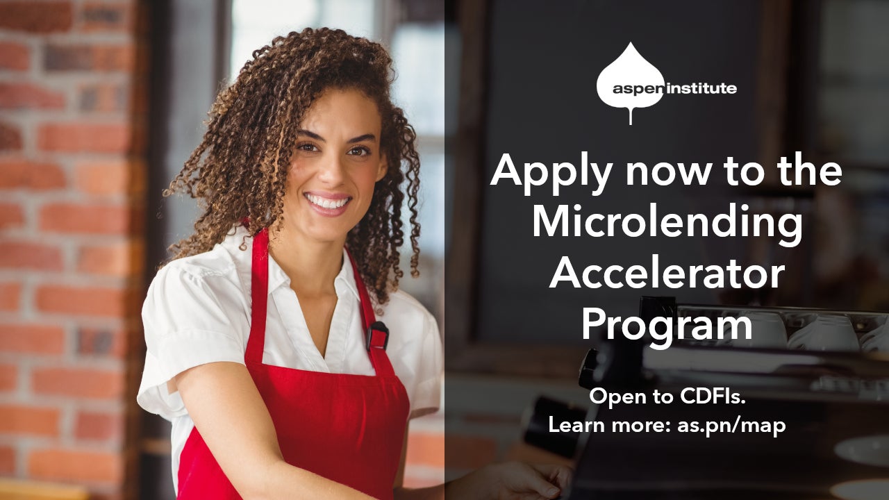 Promotional image for the Aspen Institute’s Microlending Accelerator Program. The text reads, “Apply now to the Microlending Accelerator Program. Open to CDFIs. Learn more: as.pn/map”. In addition to the text and logo, the image features a photo of a Black small business owner in a café, standing in front of an espresso machine and smiling toward the camera.