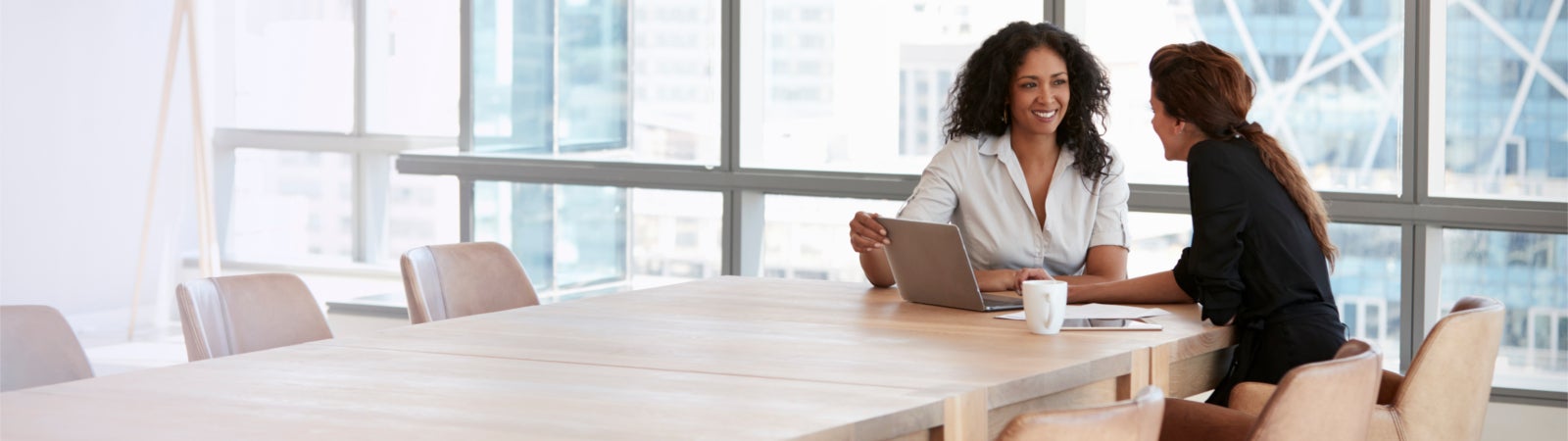 Two Businesswomen Using Laptop In Boardroom Meeting