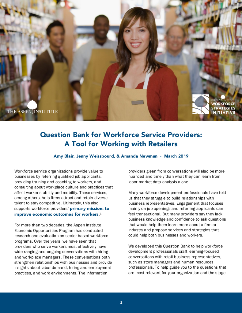 Question Bank for Workforce Service Providers: A Tool for Working with Retailers