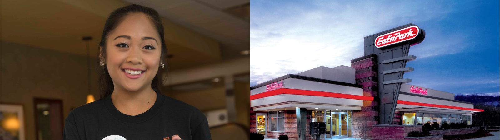 A smiling Eat'n Park team member holding a pot of coffee and an exterior view an Eat'n Park restaurant.