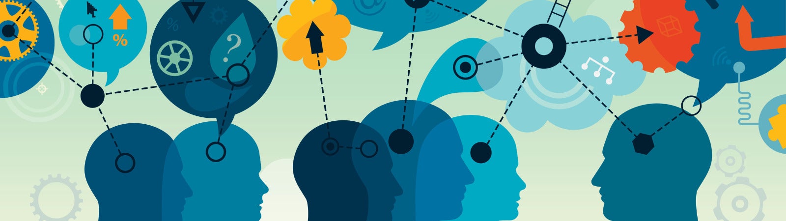 Vibrant vector illustration is showing a teacher and adult students in the middle of the process of facilitating learning. On the bottom part of the illustration there are students and teacher; above them there are different speech bubbles randomly filled with different elements/icons related with education, learning and teaching. Those elements are: light bulb for new knowledge and ideas; gears and wheels for thinking and processing; question mark for questioning; magnifying glass for looking the right solution or to look closer to the problem; brain for thinking and intelligence; speech bubbles for communication ect. Illustration is nicely layered.