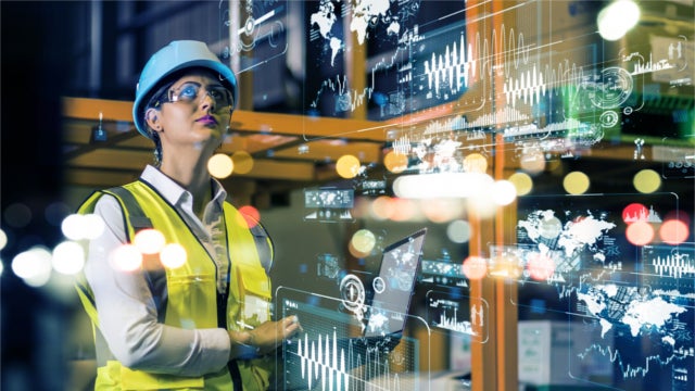 Woman in hard hat and reflector vest surrounded by technology symbols