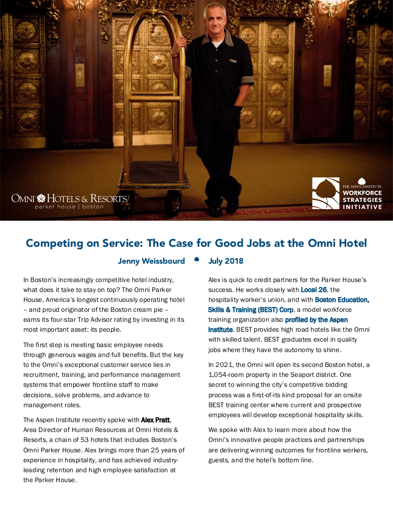 First page of "Competing on Service: The Case for Good Jobs at the Omni Hotel"