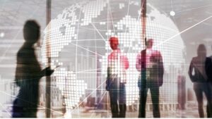 business workers with globe