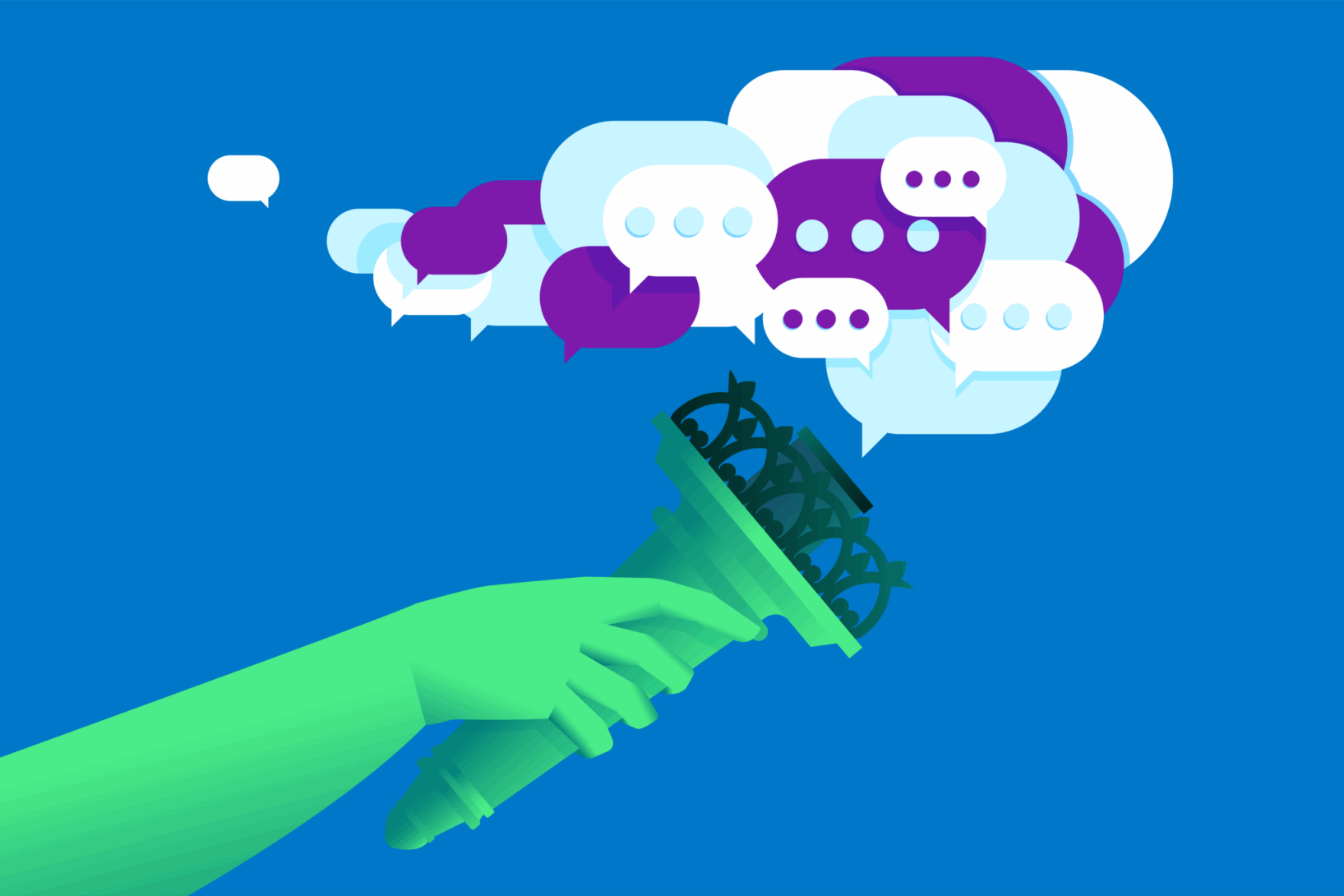 An illustration of the Statue of Liberty holding a torch with chat bubbles instead of flames, representing a discussion on technology, democracy, and marginalized communities
