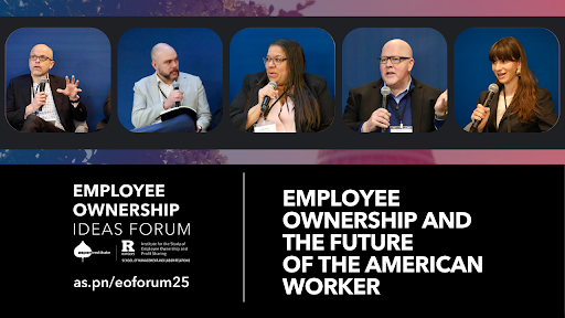 Thumbnail for video of a panel discussion titled: "Employee Ownership and The Future of the American Worker." Image features 4 speakers including: Adria Powell, Michael Quarrey, Xavier de Souza Briggs, Chris Griswold, and the panel moderator, Emma Goldberg. It directs to a webpage with a video of the panel discussion and additional resources.