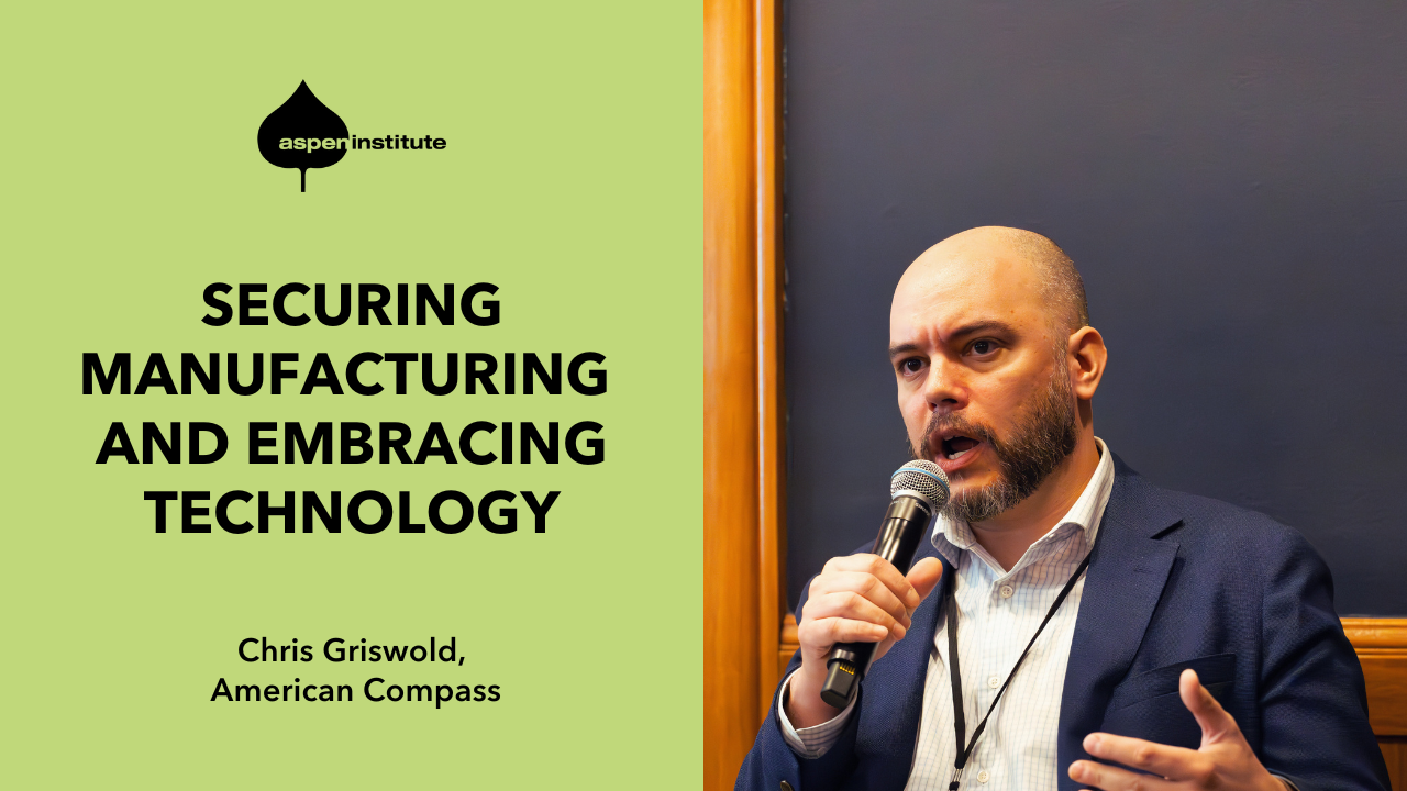Image of Chris Griswold with a green graphic that reads "Securing Manufacturing and Embracing Technology." This image leads to a clip of Chris Griswold speaking at the 2025 Employee Ownership Ideas Forum on YouTube. 