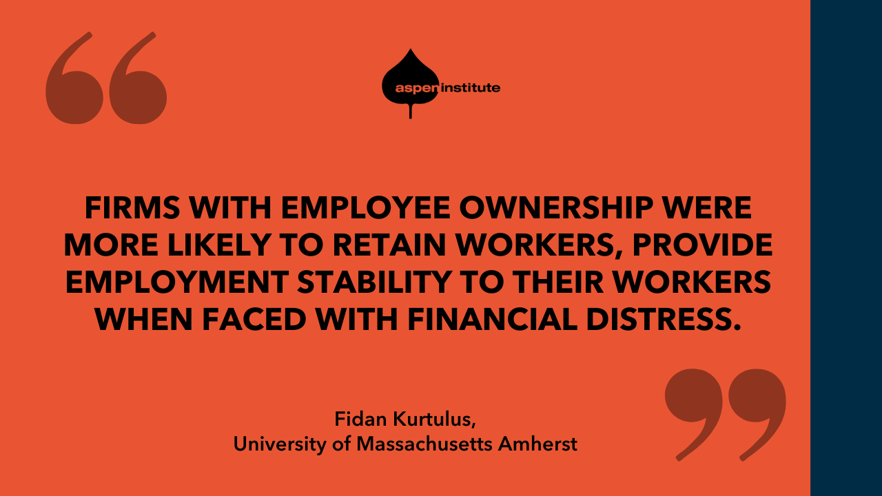 Graphic with a quote from Fidan Kurtulus: "Firms with employee ownership were more likely to retain workers, provide employment stability to their workers when faced with financial distress."