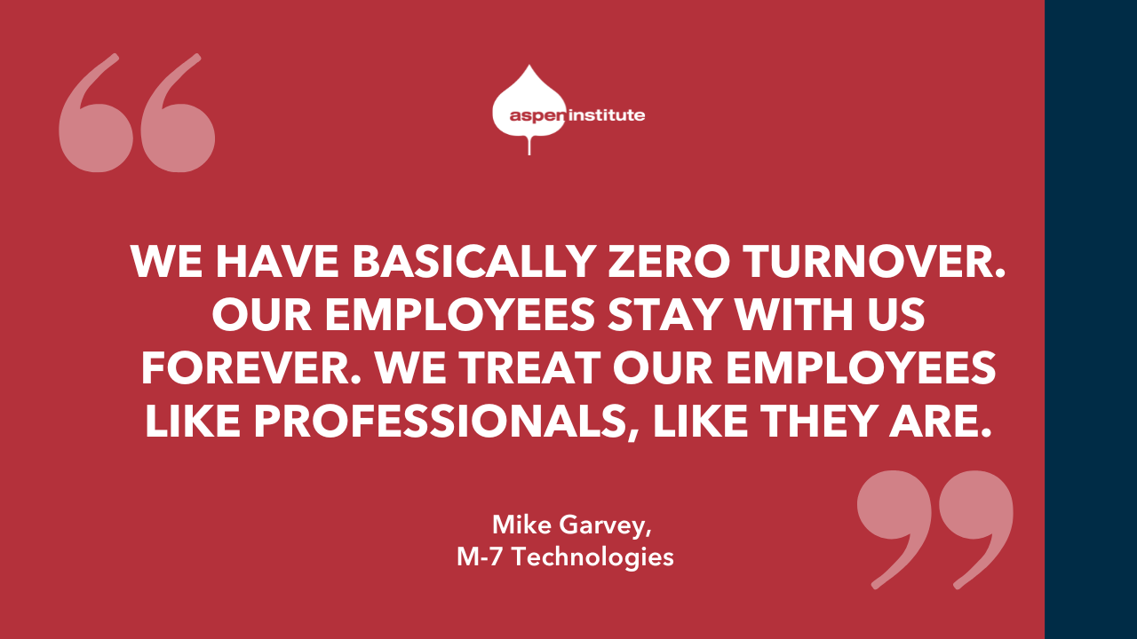 Graphic with a quote from Mike Garvey: "We have basically zero turnover. Our employees stay with us forever. We treat our employees like professionals, like they are."