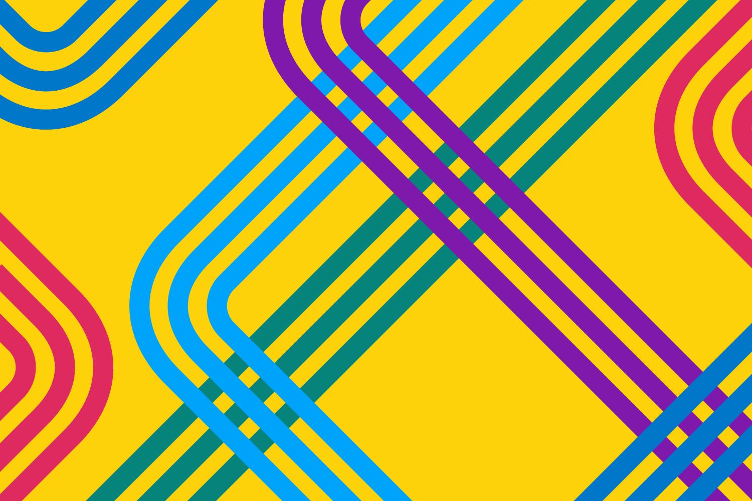 Yellow background decorated with curving lines in groups of three to emulate circuit board traces
