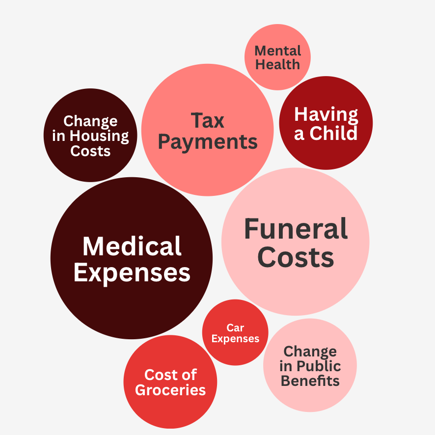 A bubble chart shows funeral costs and medical expenses as the financial shocks that are hardest to resolve.