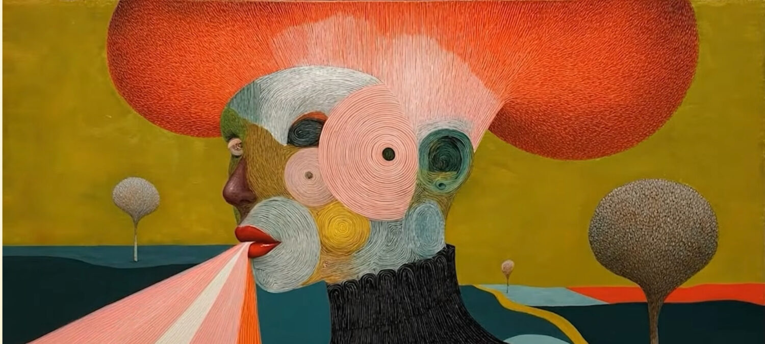 AI surrealist painting by Kelly Boesh featuring a profile portrait with a large orange halo-like shape above its head, emanating pink stripes from its mouth. The face is composed of various textured circles and organic shapes in muted colors, with bright red lips. The background features a yellow sky and a dark teal landscape with two stylized trees.