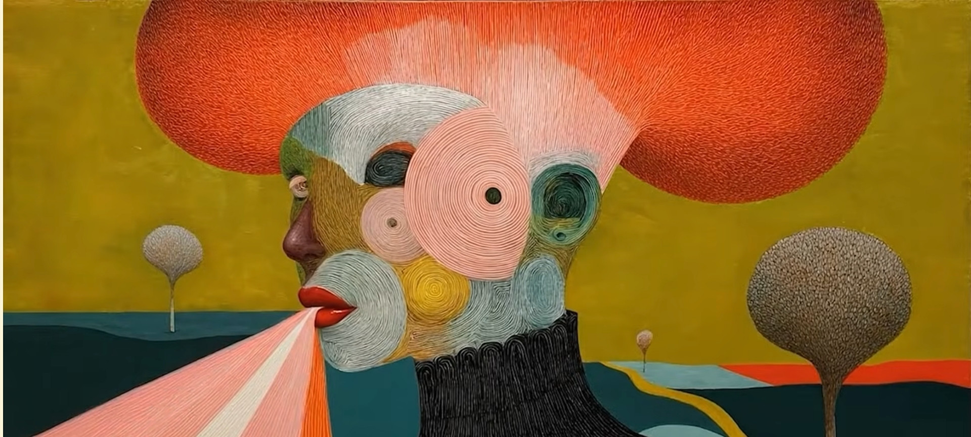 AI surrealist painting by Kelly Boesh featuring a profile portrait with a large orange halo-like shape above its head, emanating pink stripes from its mouth. The face is composed of various textured circles and organic shapes in muted colors, with bright red lips. The background features a yellow sky and a dark teal landscape with two stylized trees.