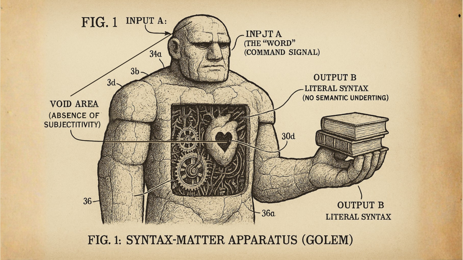 FIG. 1 SYNTAX-MATTER APPARATUS (GOLEM) illustration shows a stone golem with a "void area (absence of subjectivity)" labeled on its left arm. Input A is labeled as "THE 'WORD' COMMAND SIGNAL" and Output B is labeled as "LITERAL SYNTAX (NO SEMANTIC UNDERSTANDING)". The golem holds a stack of books in its right hand.