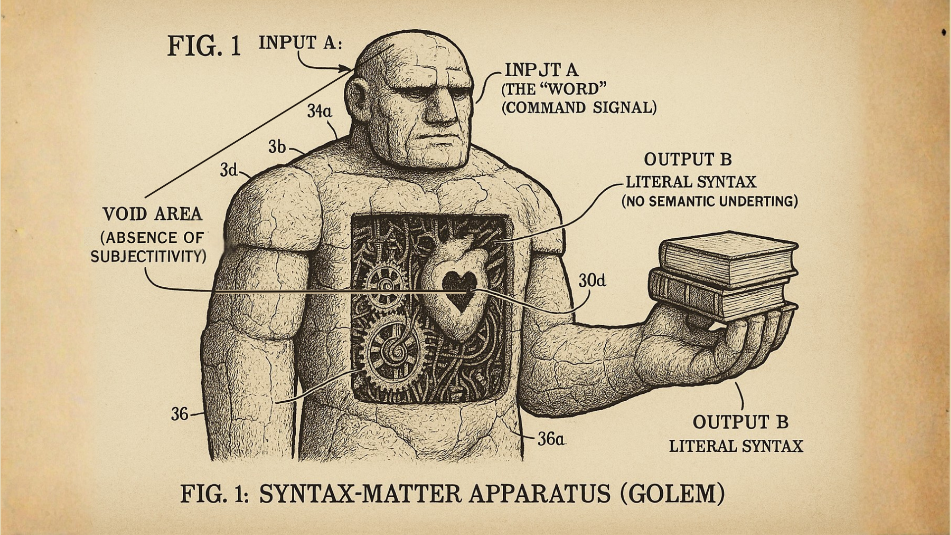 FIG. 1 SYNTAX-MATTER APPARATUS (GOLEM) illustration shows a stone golem with a "void area (absence of subjectivity)" labeled on its left arm. Input A is labeled as "THE 'WORD' COMMAND SIGNAL" and Output B is labeled as "LITERAL SYNTAX (NO SEMANTIC UNDERSTANDING)". The golem holds a stack of books in its right hand.