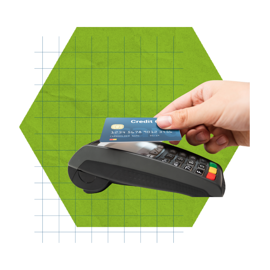 A graphic with a green octagonal background and an image of a card and card reader.