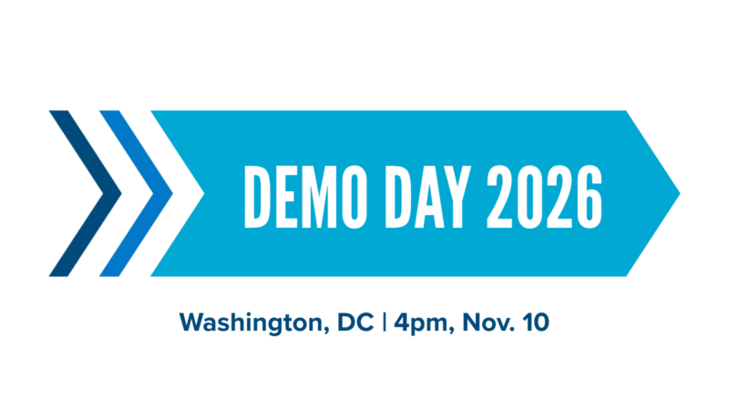 2 blue chevrons and 2 thick, blue arrow point to the right. The overlaying text reads, "Demo Day 2026: Washington, DC. 4pm, November 10."