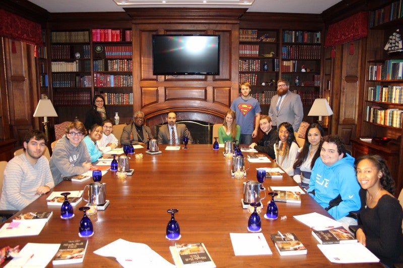 Dr. Trita Parsi, center, with members of the Spring 2015 Chesapeake College Leadership Academy and their advisors. From left to right: Michael Beverly, Benjamin Callahan, Jessica Todd, Luis Jackson, Eliza Mendoza, Student Life/Career Planning Office Associate Harriette Lowery, Dr. Trita Parsi, Kristen James, Jarrod Nagy, Shawn Wobbe, Director of Student Life Rohry Flood, Dacia Nurse, Vincee Demateo, Tejay Greenwood, Brianna Wooden 